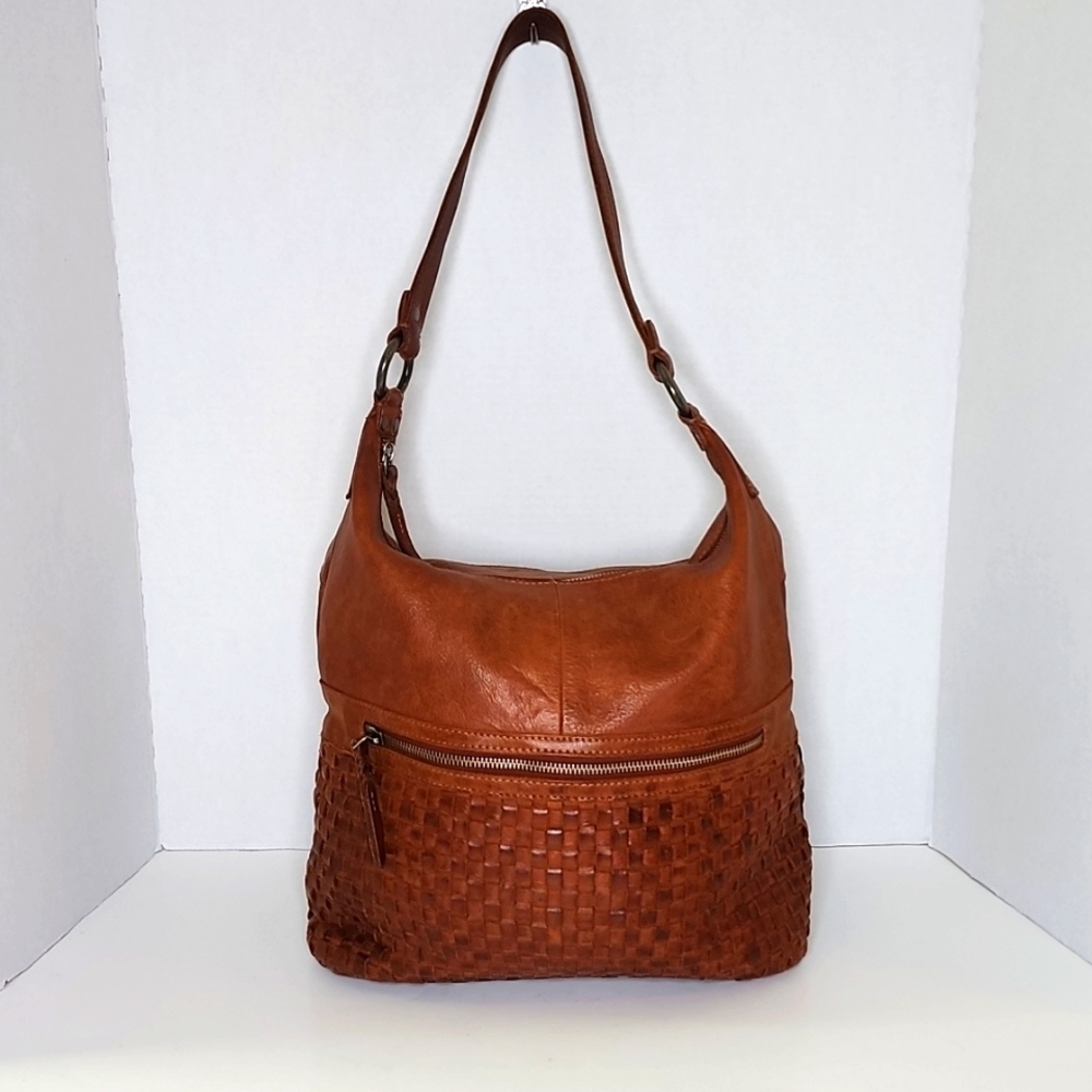 EUC Vilenca Holland woven cognac leather shoulder bag purse Anthropologie